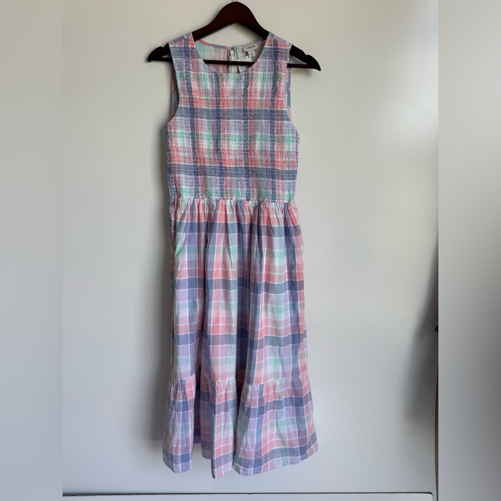 J.Crew Pastel Plaid Smocked Midi Dress Women‎ Small Tiered Flowy Pink Blue NEW
